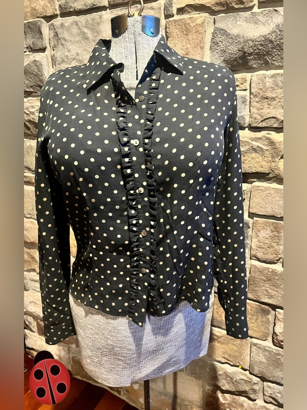 Talbots Black Polka Dot Ruffle Button-Down Blouse -size 6